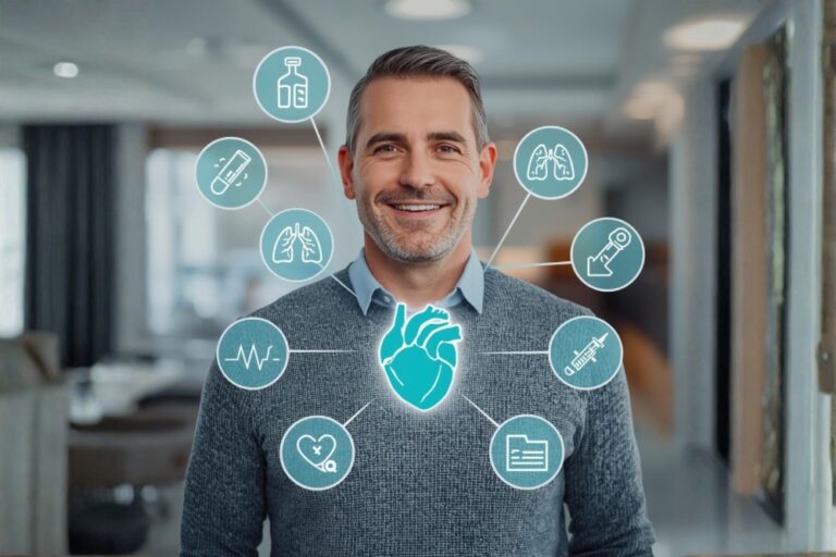 Mann mittleren Alters lächelnd in moderner Klinikumgebung, umgeben von medizinischen Icons – Symbolbild für Premium Gesundheits-Check und ganzheitliche Vorsorge.