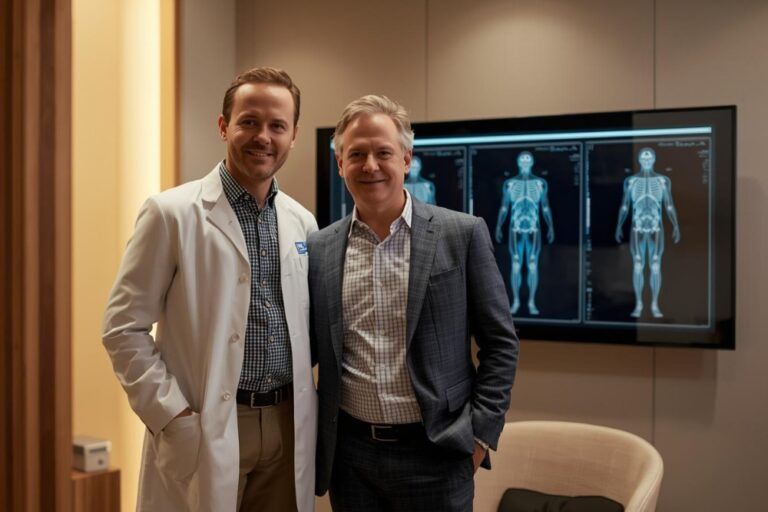 Arzt und Patient in moderner Klinik in Prag bei Biohacking und Gesundheitsanalyse