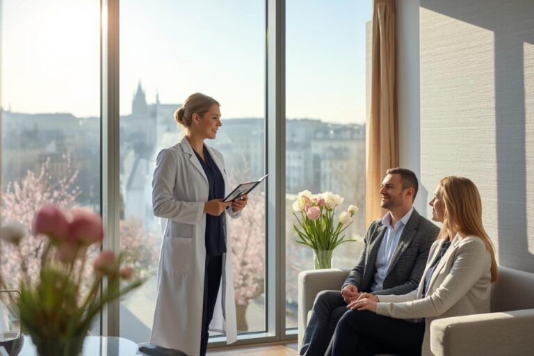 Doctor consulting international couple during IVF abroad treatment in Prague clinic