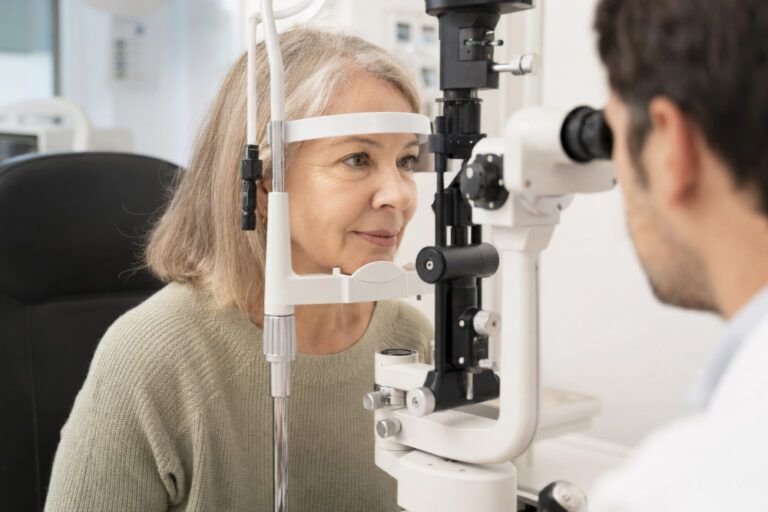 Woman over 50 having an eye examination before lens replacement surgery