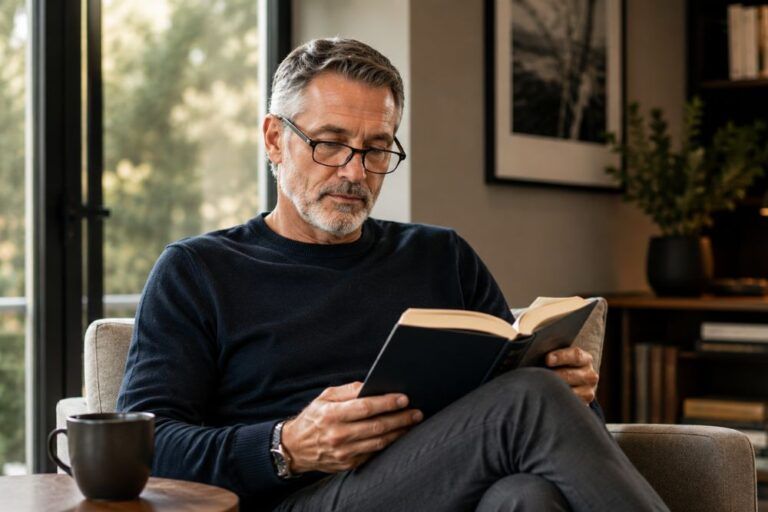 Homme de plus de 50 ans lisant avec des lunettes avant une chirurgie de remplacement du cristallin