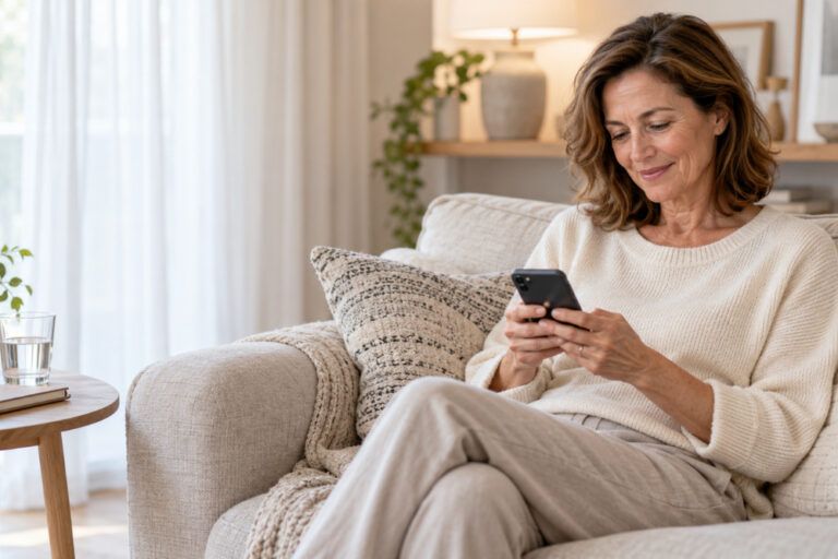 Woman at home using her phone during aftercare for surgery abroad